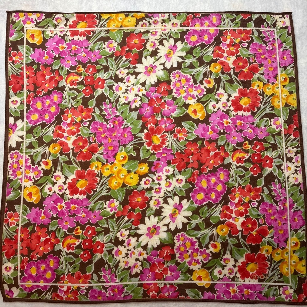 Vtg GIVENCHY Scarf Handkerchief Floral Cotton Brown Yellow Red 19"